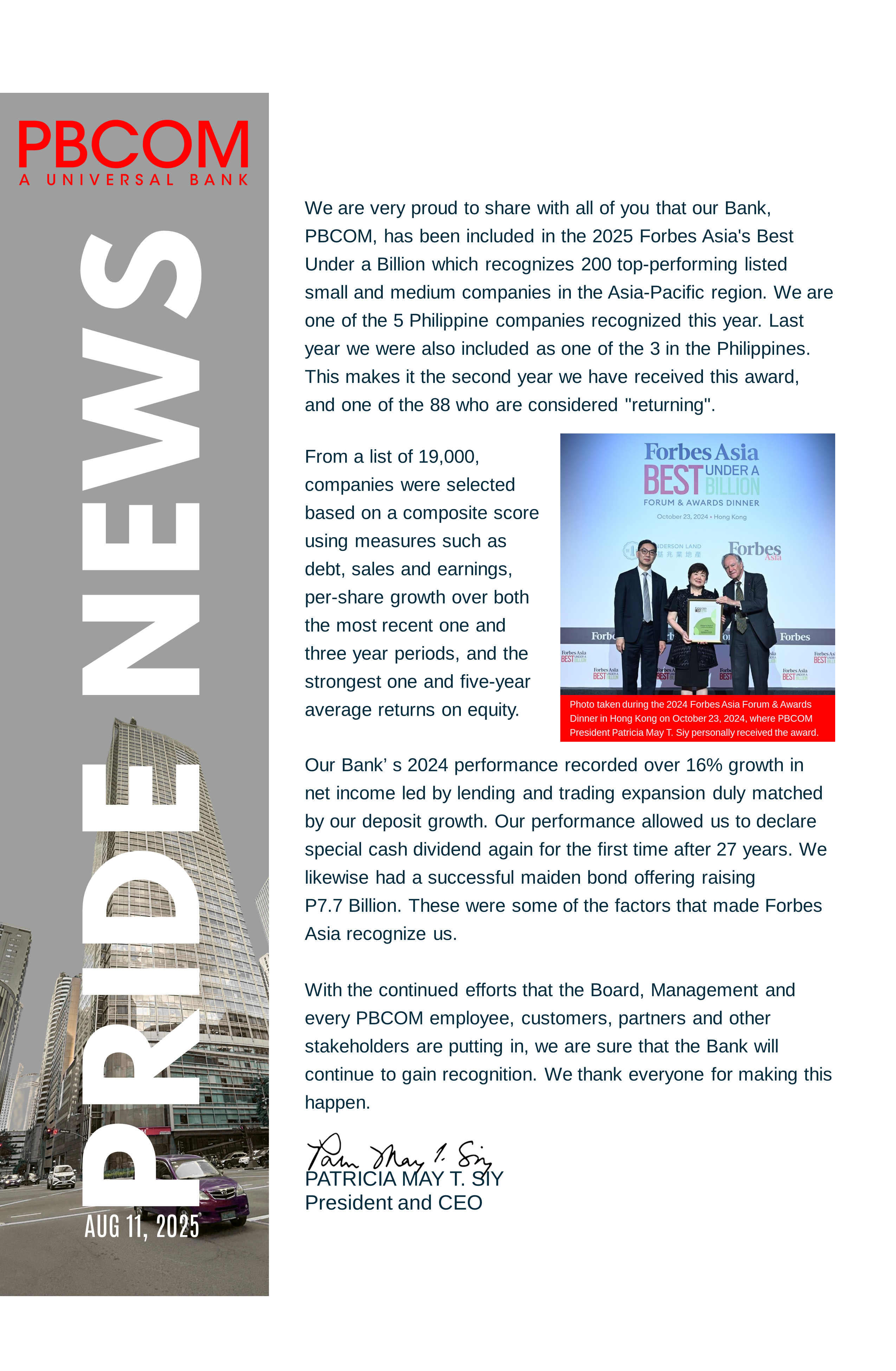 PBCOM JOINS ANEW FORBES ASIA'S BEST UNDER A BILLION LIST FOR 2025